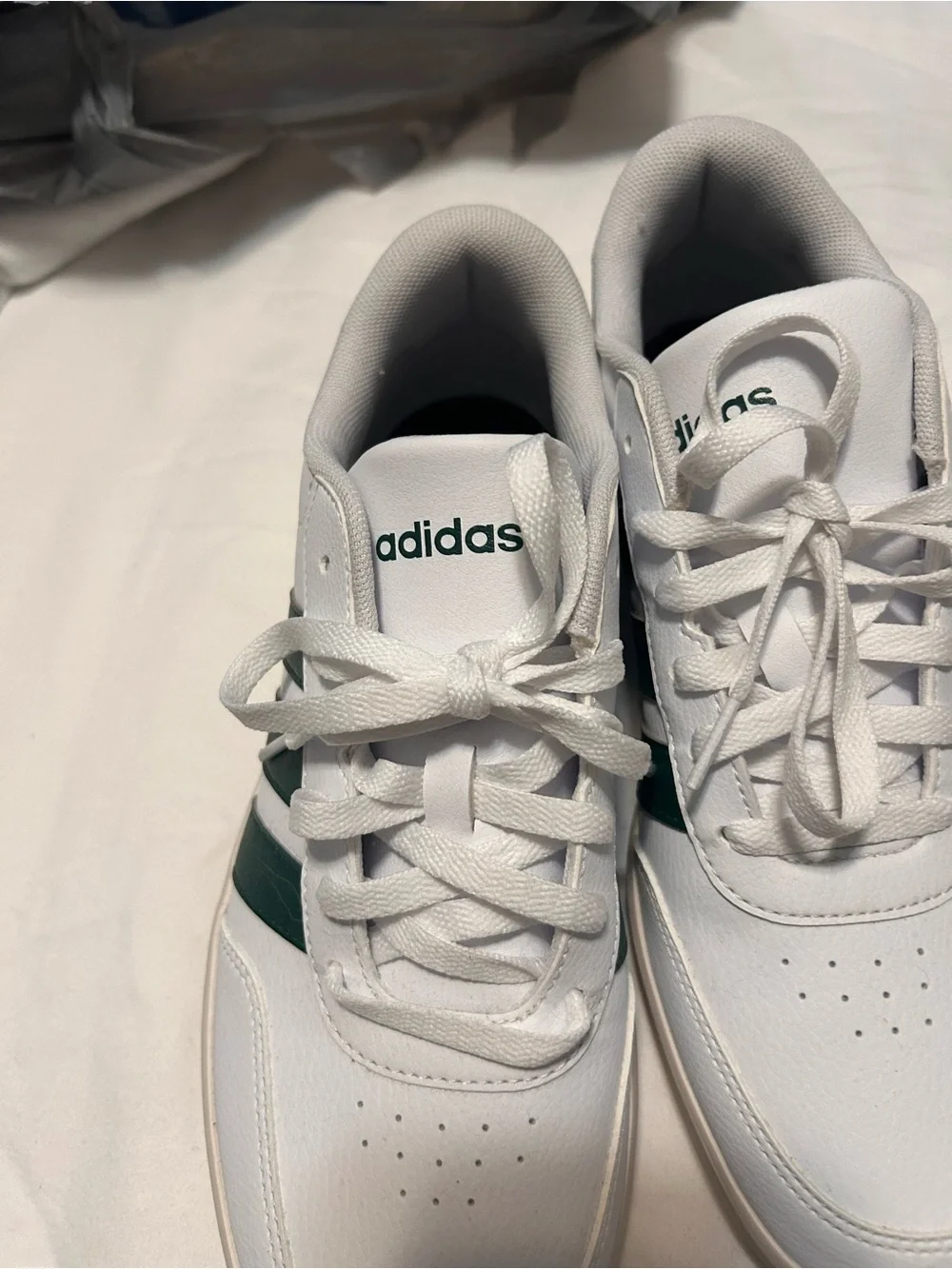 adidas White Sneakers with Dark Green Stripes